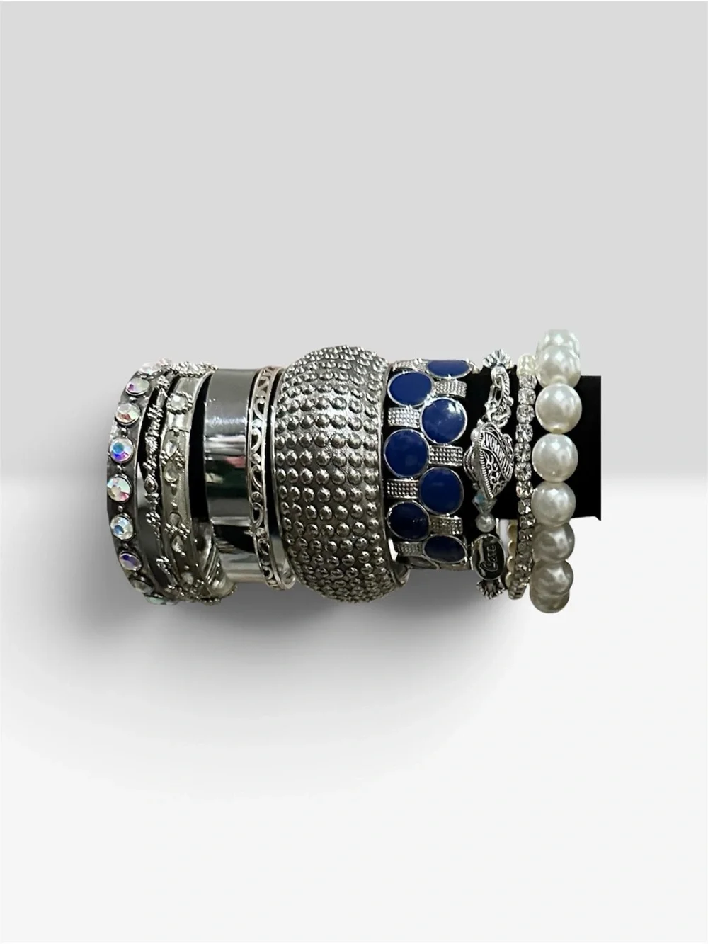 Signature Faith Custom Silver Navy Blue Bracelet Stack Pearl Rhinestone Boho 10p